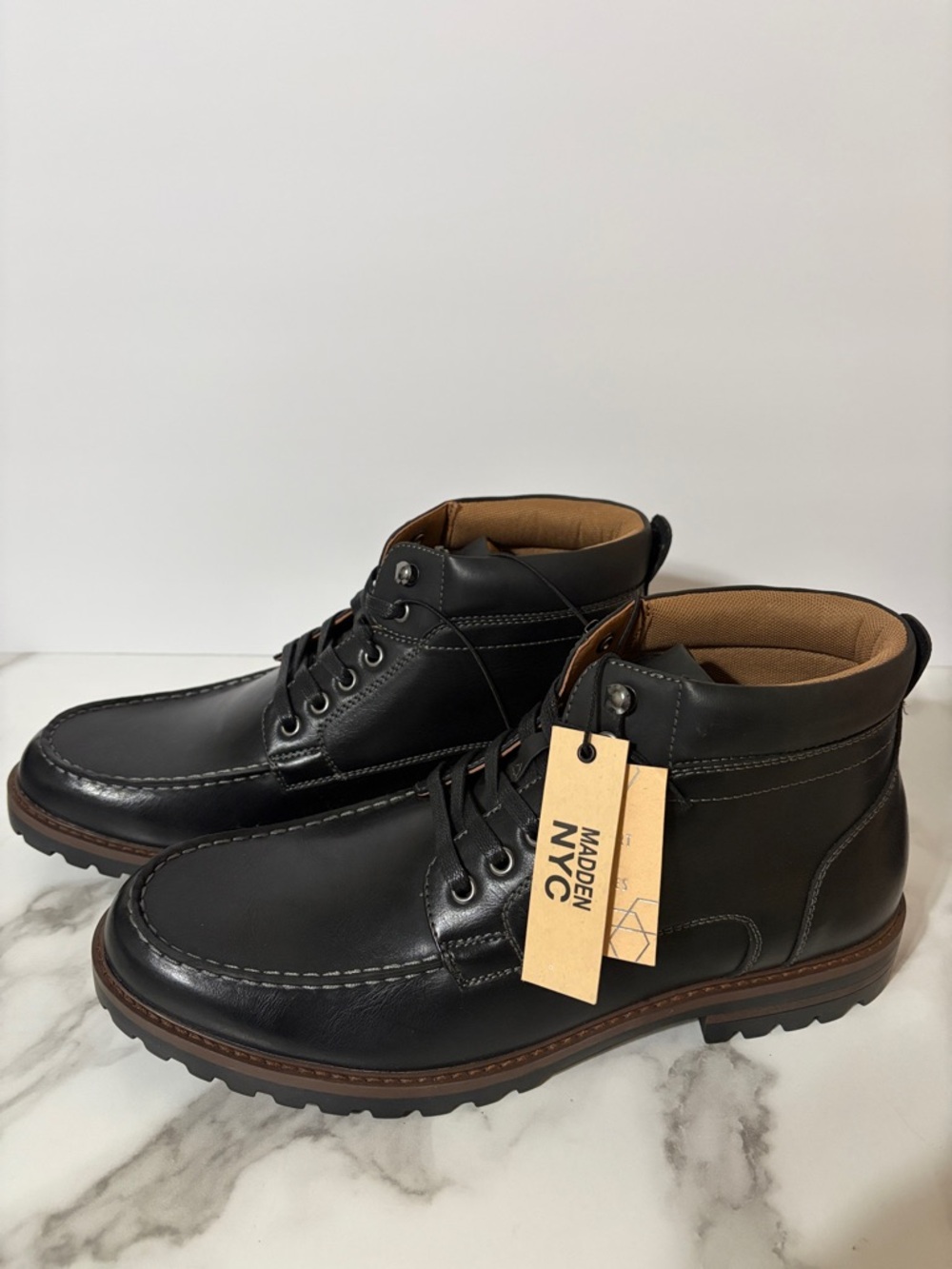 Madden NYC- Men's 13, Lug Sole Moc Toe Black Boots